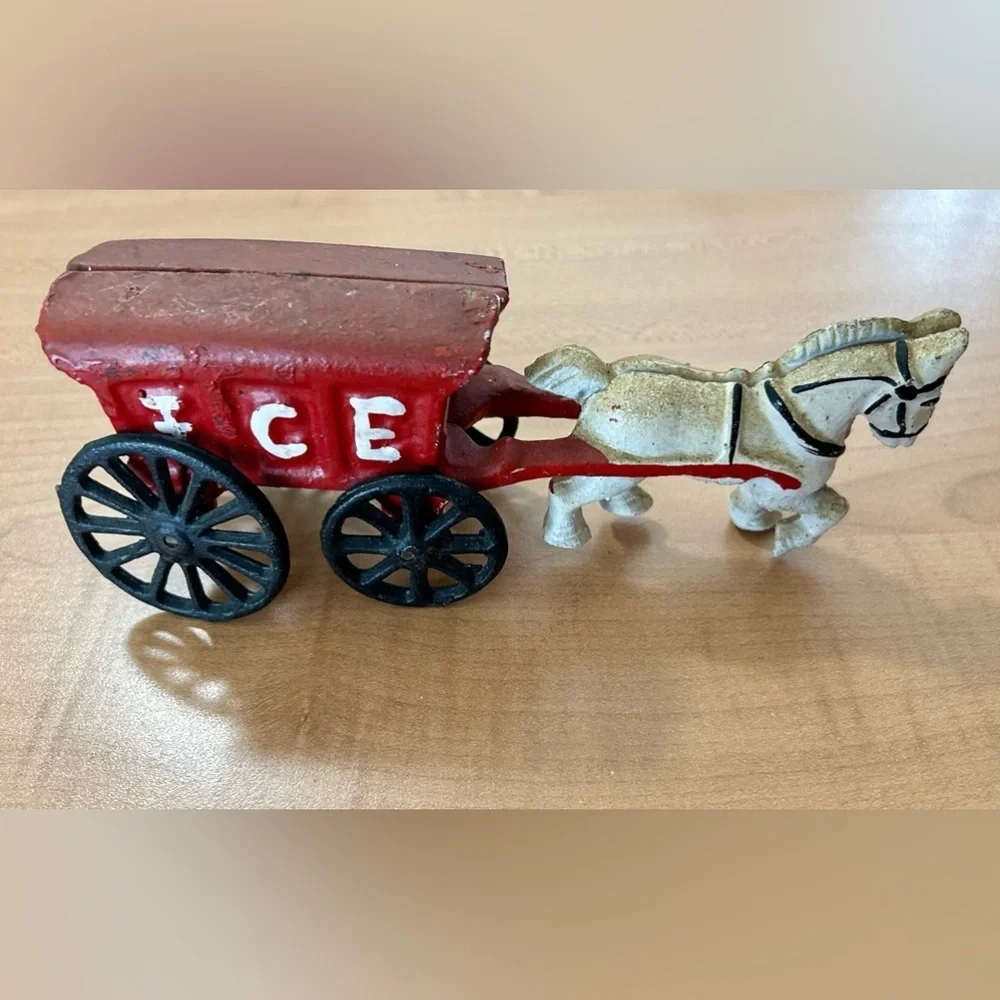 Vintage Cast Iron Toy white Horse with red Ice Wagon Cart